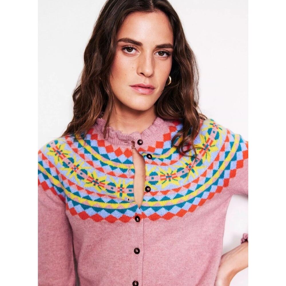 NWT Boden Fae Fair Isle Wool Alpaca Cotton Cardigan Pink Size Medium - Picture 3 of 7